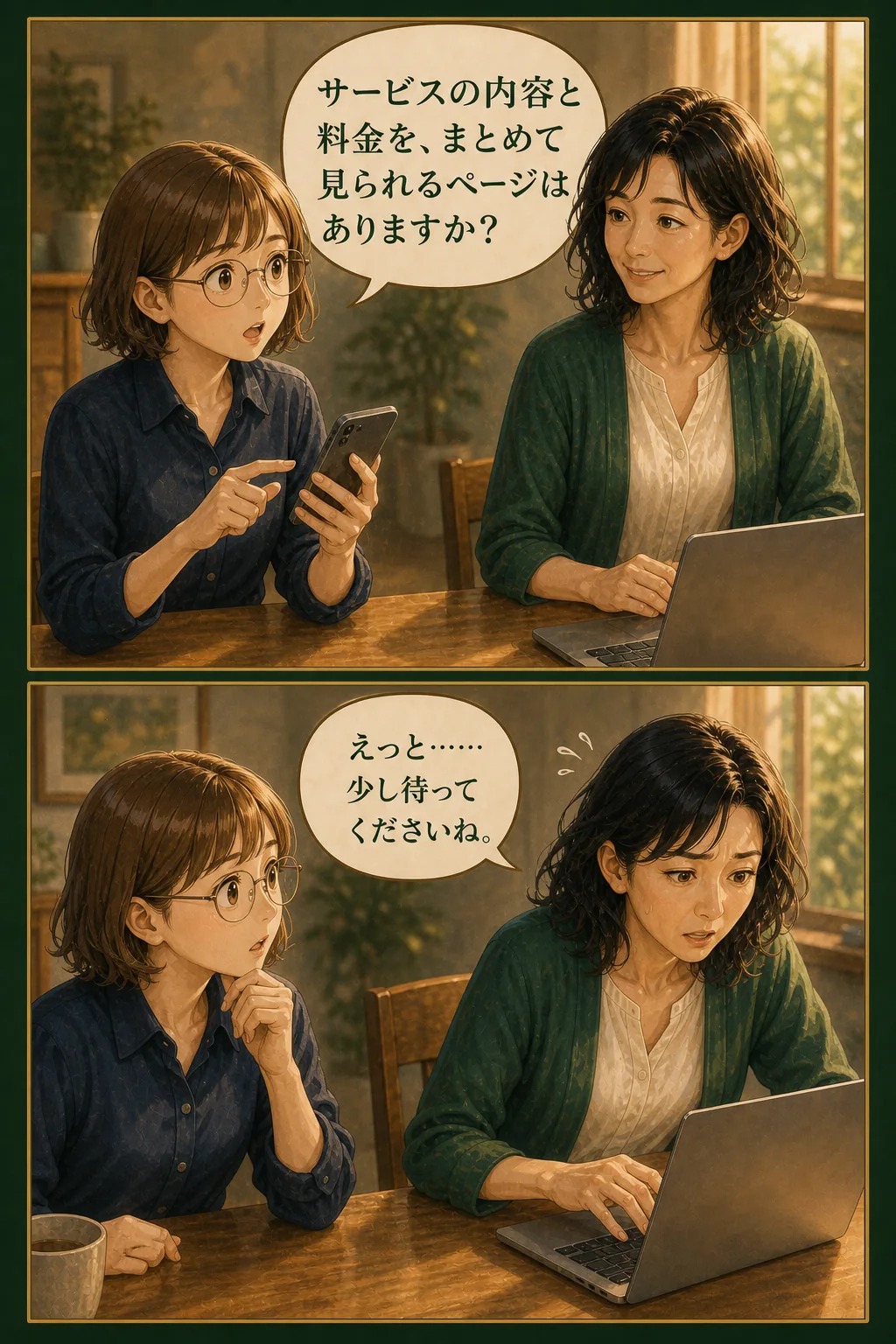 サービス内容と料金をまとめて見られるページを尋ねられる