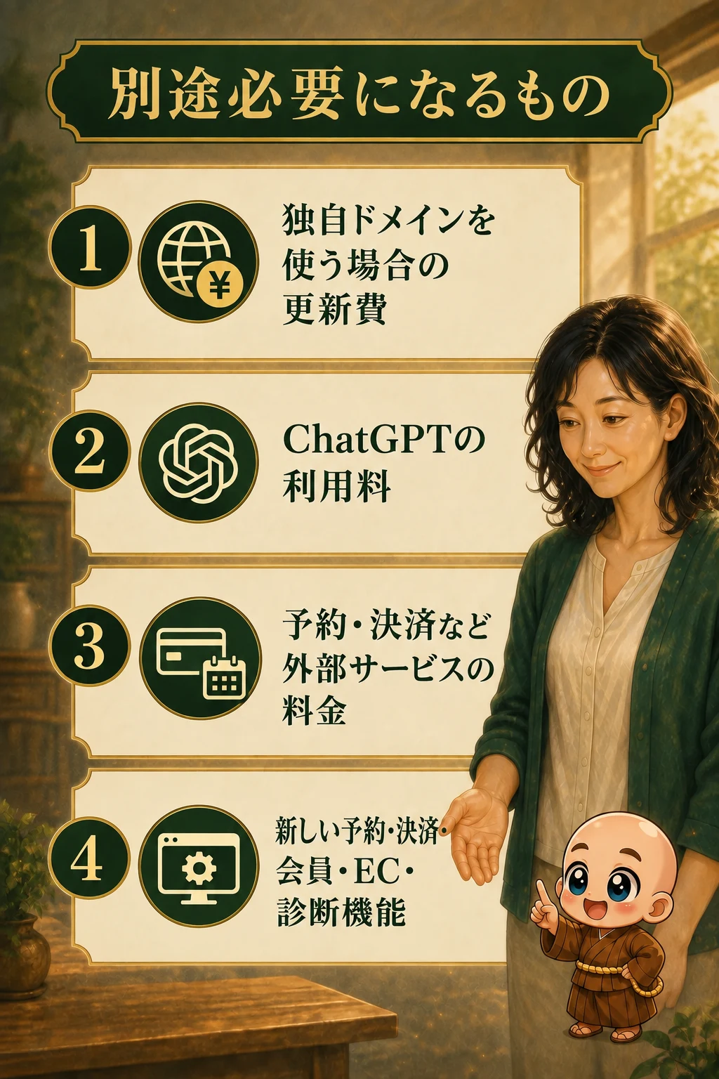 独自ドメイン、ChatGPT、外部サービス、新機能は別途費用