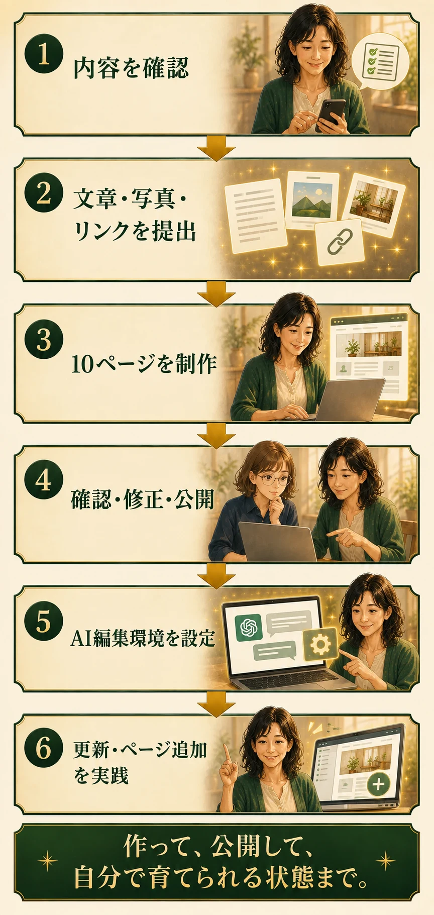 内容確認から制作公開、AI編集環境設定、更新とページ追加の実践までの流れ