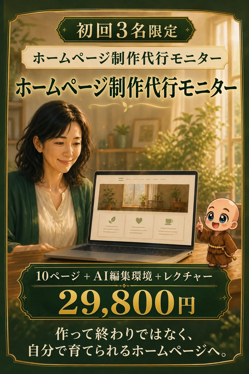 10ページとAI編集環境とレクチャー付き29800円のホームページ制作代行モニター