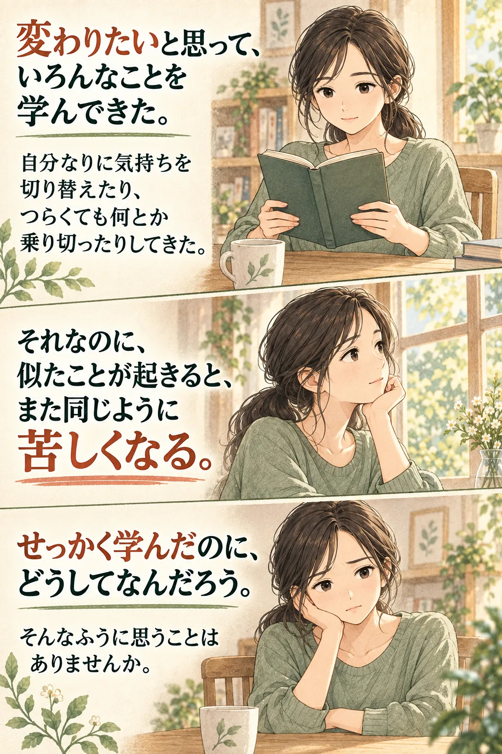 変わりたいと思って、いろんなことを学んできた。
自分なりに気持ちを切り替えたり、つらくても何とか乗り切ったりしてきた。

それなのに、似たことが起きると、また同じように苦しくなる。

せっかく学んだのに、どうしてなんだろう。
そんなふうに思うことはありませんか。