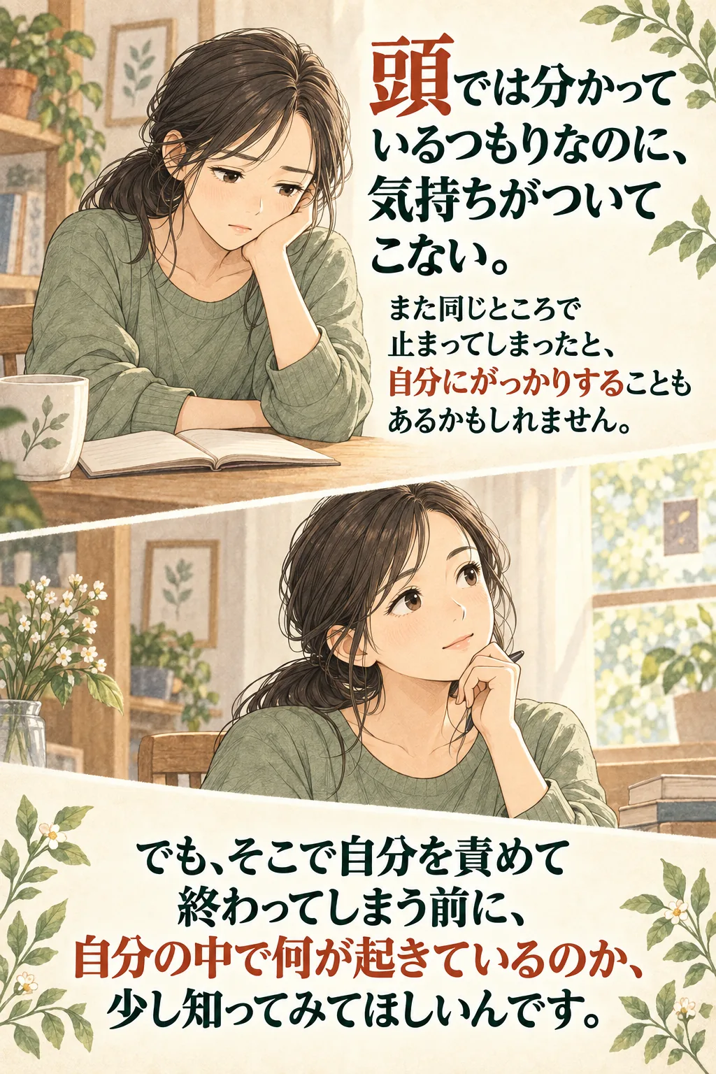 頭では分かっているつもりなのに、気持ちがついてこない。
また同じところで止まってしまったと、自分にがっかりすることもあるかもしれません。

でも、そこで自分を責めて終わってしまう前に、
自分の中で何が起きているのか、少し知ってみてほしいんです。