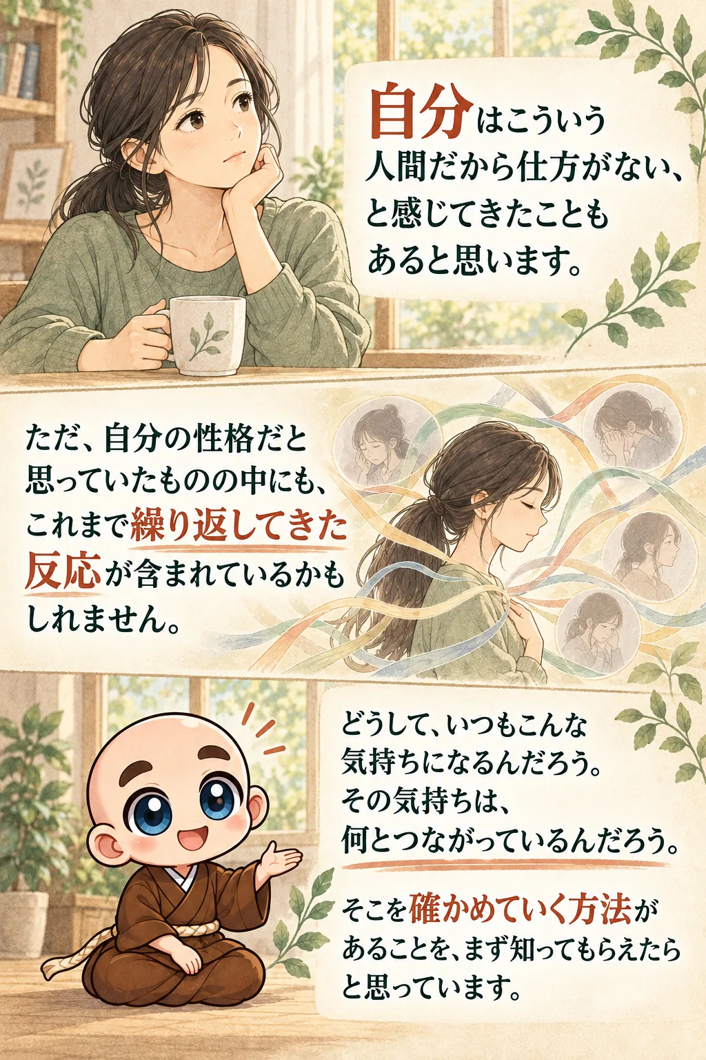 自分はこういう人間だから仕方がない、と感じてきたこともあると思います。

ただ、自分の性格だと思っていたものの中にも、
これまで繰り返してきた反応が含まれているかもしれません。

どうして、いつもこんな気持ちになるんだろう。
その気持ちは、何とつながっているんだろう。

そこを確かめていく方法があることを、まず知ってもらえたらと思っています。