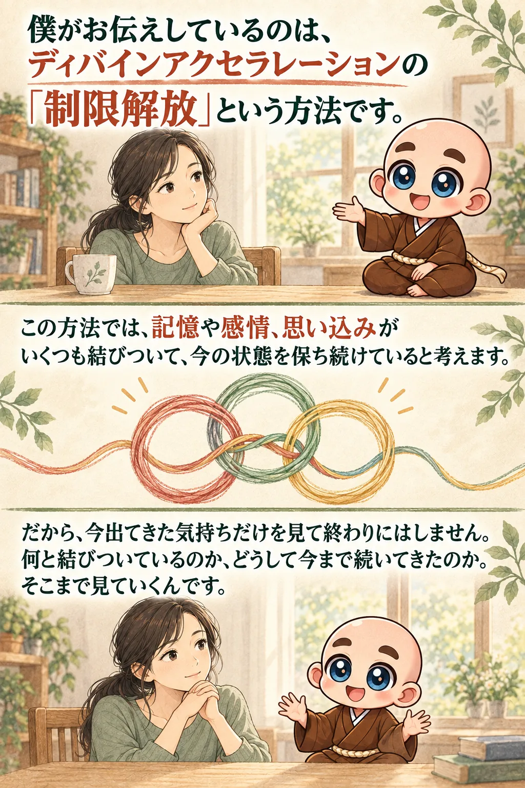 僕がお伝えしているのは、
ディバインアクセラレーションの「制限解放」という方法です。

この方法では、記憶や感情、思い込みがいくつも結びついて、
今の状態を保ち続けていると考えます。

だから、今出てきた気持ちだけを見て終わりにはしません。
何と結びついているのか、どうして今まで続いてきたのか。
そこまで見ていくんです。