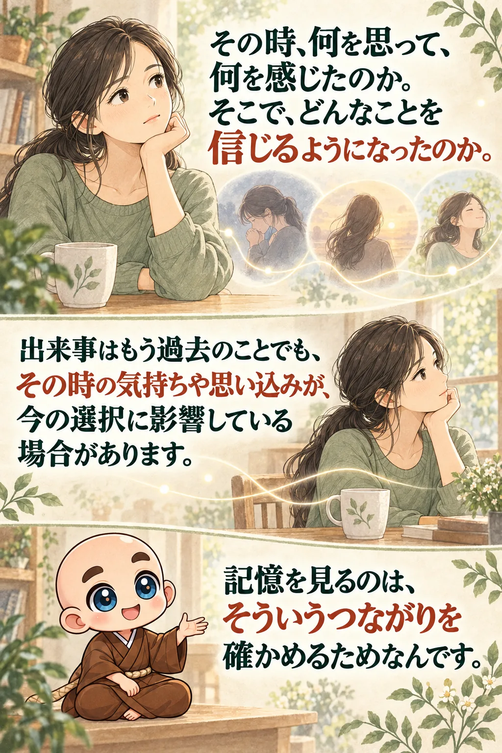 その時、何を思って、何を感じたのか。
そこで、どんなことを信じるようになったのか。

出来事はもう過去のことでも、
その時の気持ちや思い込みが、今の選択に影響している場合があります。

記憶を見るのは、そういうつながりを確かめるためなんです。