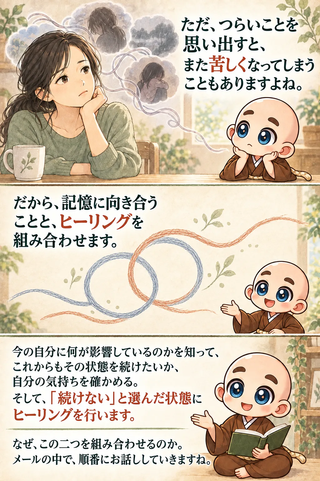 ただ、つらいことを思い出すと、また苦しくなってしまうこともありますよね。

だから、記憶に向き合うことと、ヒーリングを組み合わせます。

今の自分に何が影響しているのかを知って、
これからもその状態を続けたいか、自分の気持ちを確かめる。
そして、「続けない」と選んだ状態にヒーリングを行います。

なぜ、この二つを組み合わせるのか。
メールの中で、順番にお話ししていきますね。