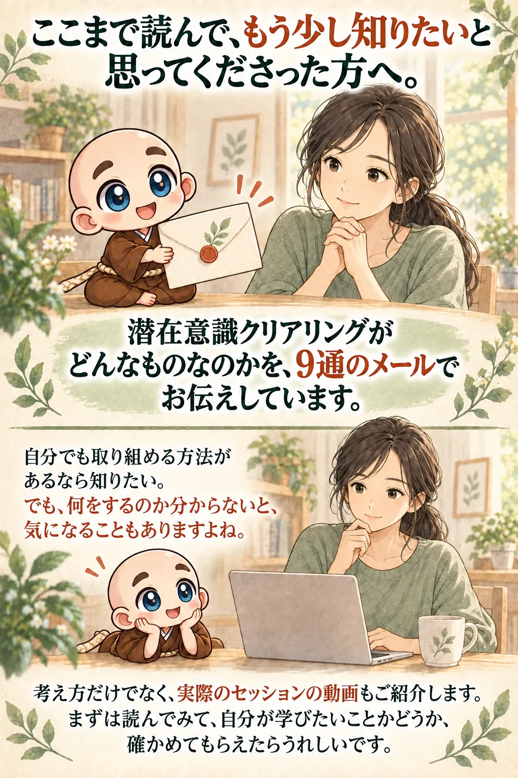 ここまで読んで、もう少し知りたいと思ってくださった方へ。

潜在意識クリアリングがどんなものなのかを、9通のメールでお伝えしています。

自分でも取り組める方法があるなら知りたい。
でも、何をするのか分からないと、気になることもありますよね。

考え方だけでなく、実際のセッションの動画もご紹介します。
まずは読んでみて、自分が学びたいことかどうか、確かめてもらえたらうれしいです。