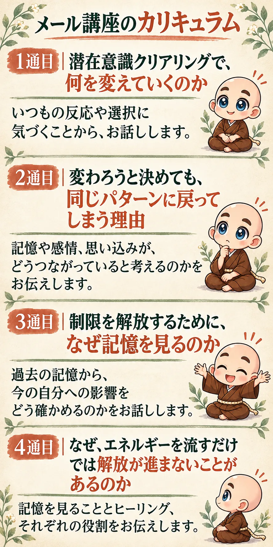 1通目｜潜在意識クリアリングで、何を変えていくのか
いつもの反応や選択に気づくことから、お話しします。

2通目｜変わろうと決めても、同じパターンに戻ってしまう理由
記憶や感情、思い込みが、どうつながっていると考えるのかをお伝えします。

3通目｜制限を解放するために、なぜ記憶を見るのか
過去の記憶から、今の自分への影響をどう確かめるのかをお話しします。

4通目｜なぜ、エネルギーを流すだけでは解放が進まないことがあるのか
記憶を見ることとヒーリング、それぞれの役割をお伝えします。