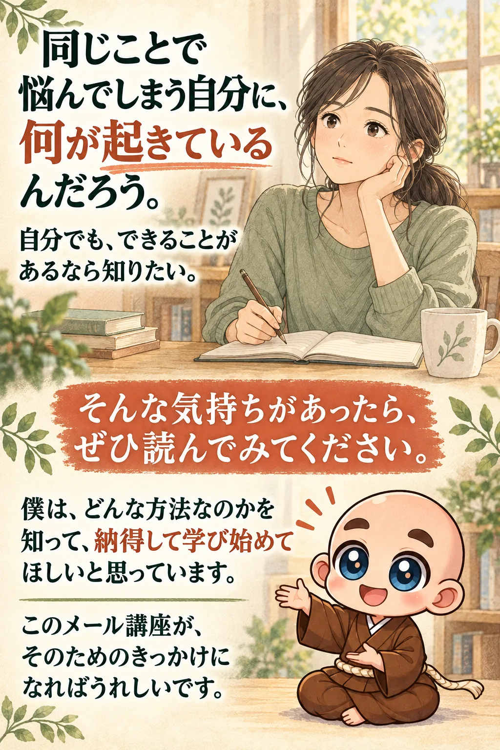 同じことで悩んでしまう自分に、何が起きているんだろう。
自分でも、できることがあるなら知りたい。

そんな気持ちがあったら、ぜひ読んでみてください。

僕は、どんな方法なのかを知って、納得して学び始めてほしいと思っています。
このメール講座が、そのためのきっかけになればうれしいです。