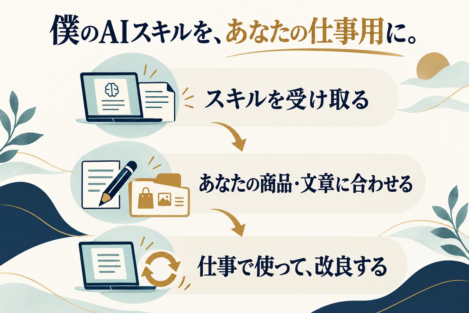 スキルを受け取り、商品や文章に合わせ、仕事で使って改良する流れ