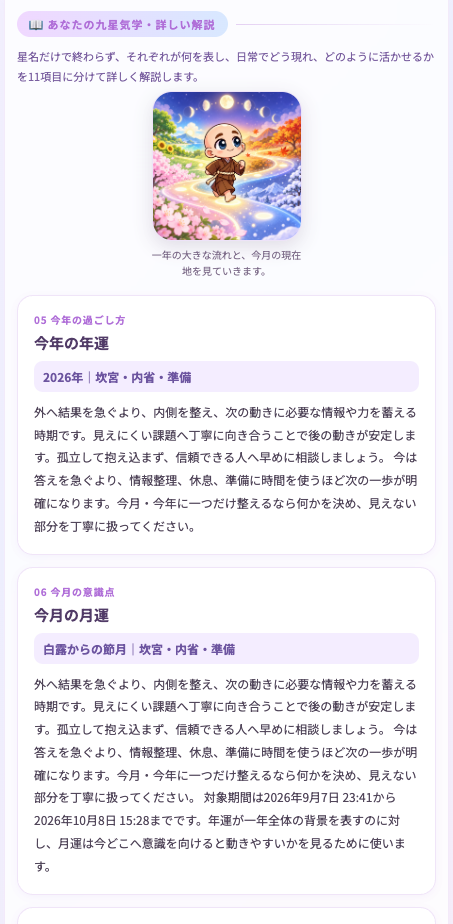 九星気学ツールの年運・月運の解説画面