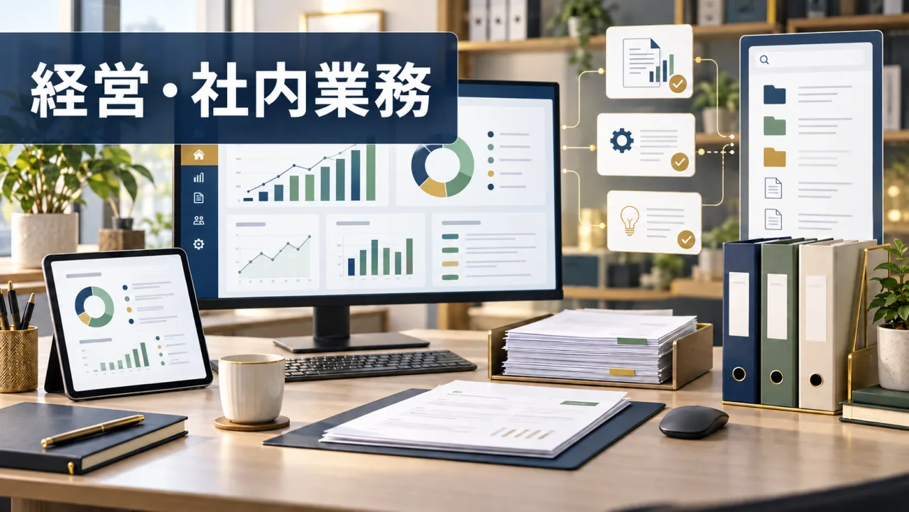 経営・社内業務。売上や申込の集計、経理、資料整理を行うイメージ