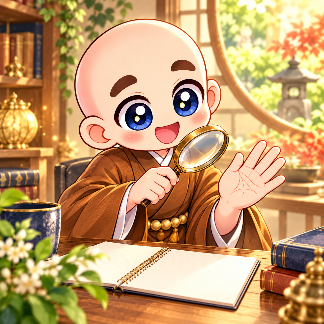 手相を見ながら占いの解釈を学ぶ東志醒のキャラクター