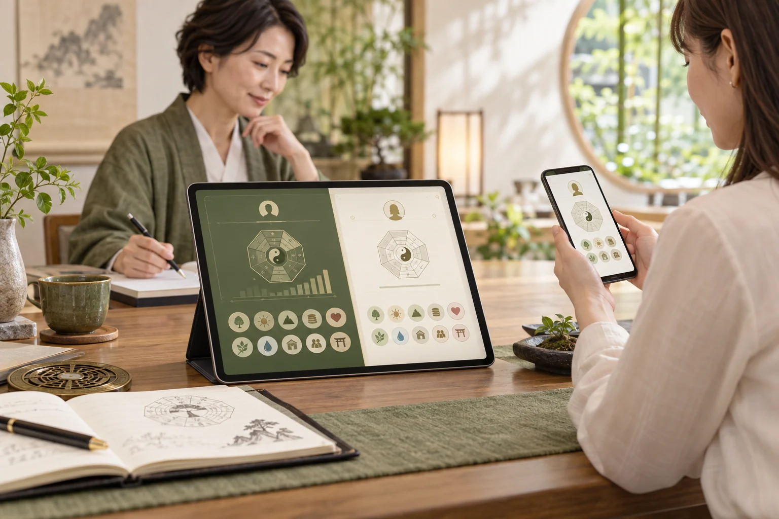 鑑定者が使うタブレットと、お客様が使うスマートフォンのイメージ