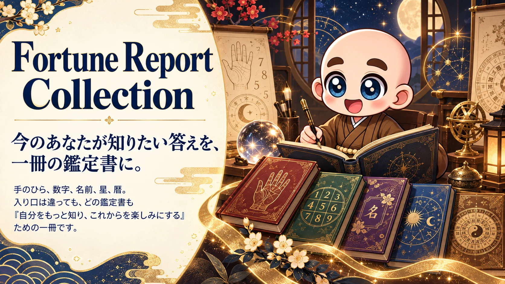 Fortune Report Collection。今のあなたが知りたい答えを、一冊の鑑定書に。手のひら、数字、名前、星、暦。入り口は違っても、どの鑑定書も、自分をもっと知り、これからを楽しみにするための一冊です。