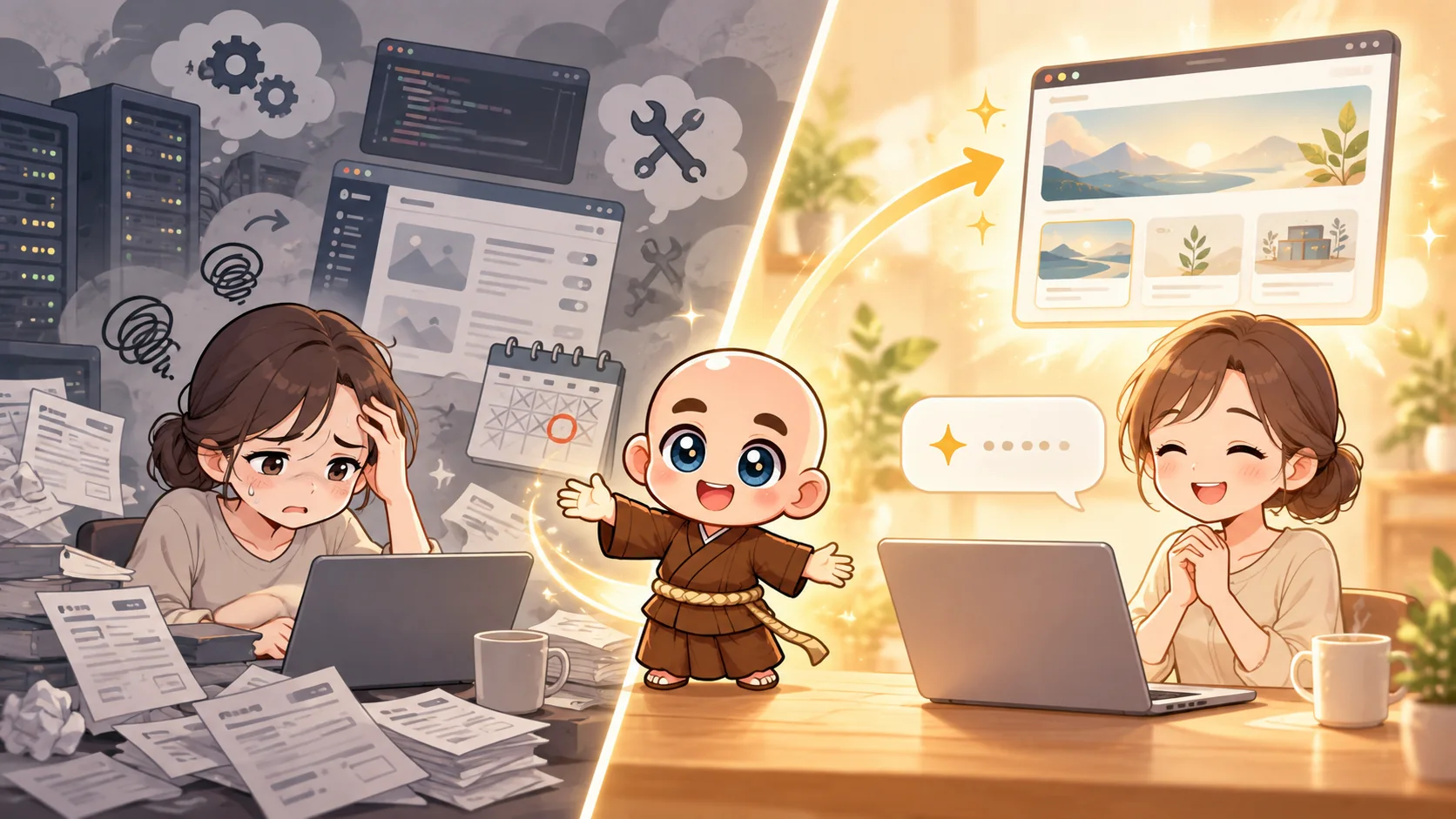 専門作業と維持費に追われる状態から、AIへの指示でホームページを更新できる状態へ変わるイラスト