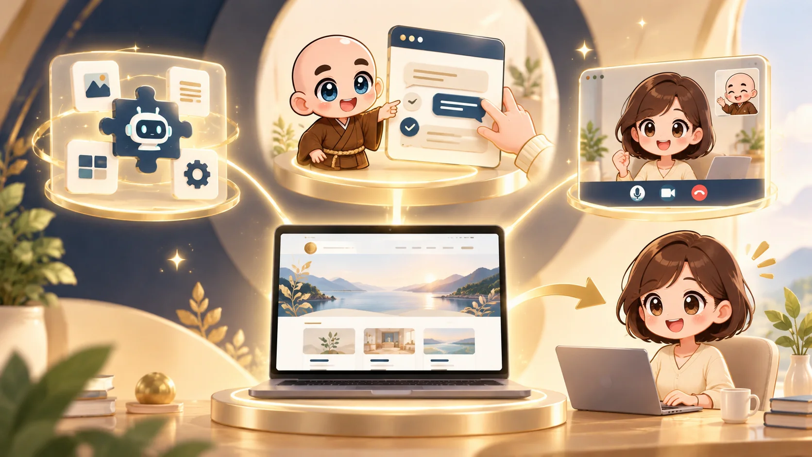 ホームページ制作、AI編集スキル、初期設定補助、レクチャーが一つにつながる仕組みのイラスト