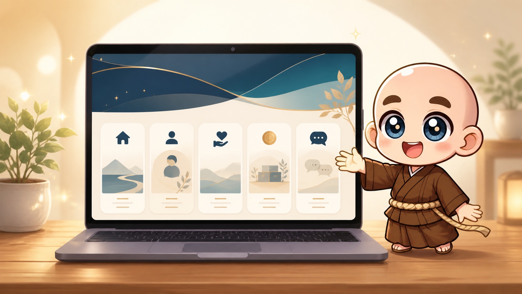東志醒のキャラクターがパソコンに表示されたホームページを案内しているイラスト
