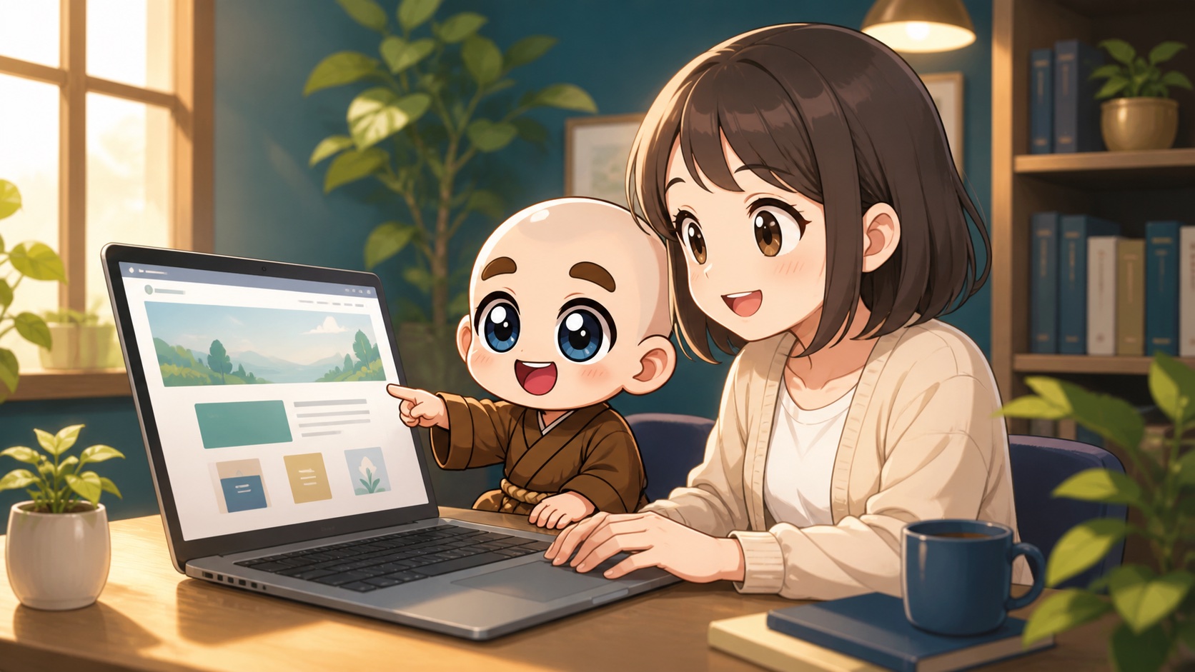 東志醒のキャラクターが初心者と一緒にパソコンでホームページを作っているイラスト