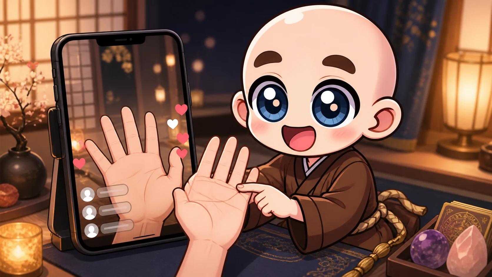 Instagramライブで視聴者の手相を鑑定する東志醒のキャラクター