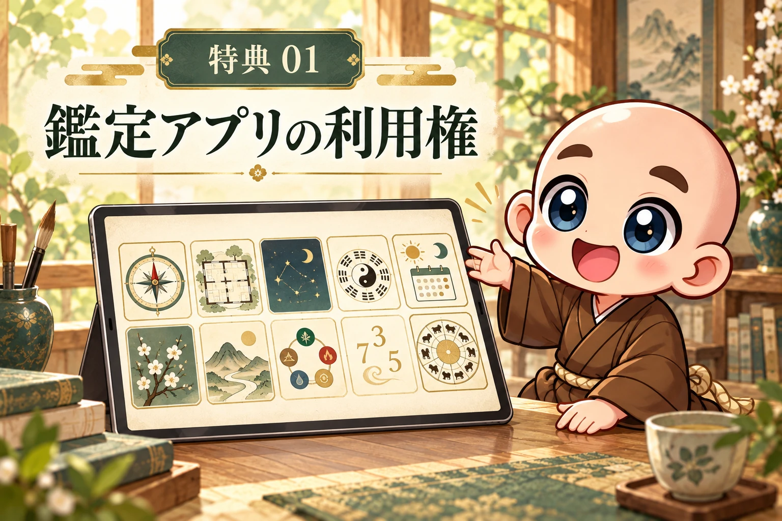 特典1 鑑定アプリの利用権。ちび僧侶が10種類の占術を表すタブレットを紹介