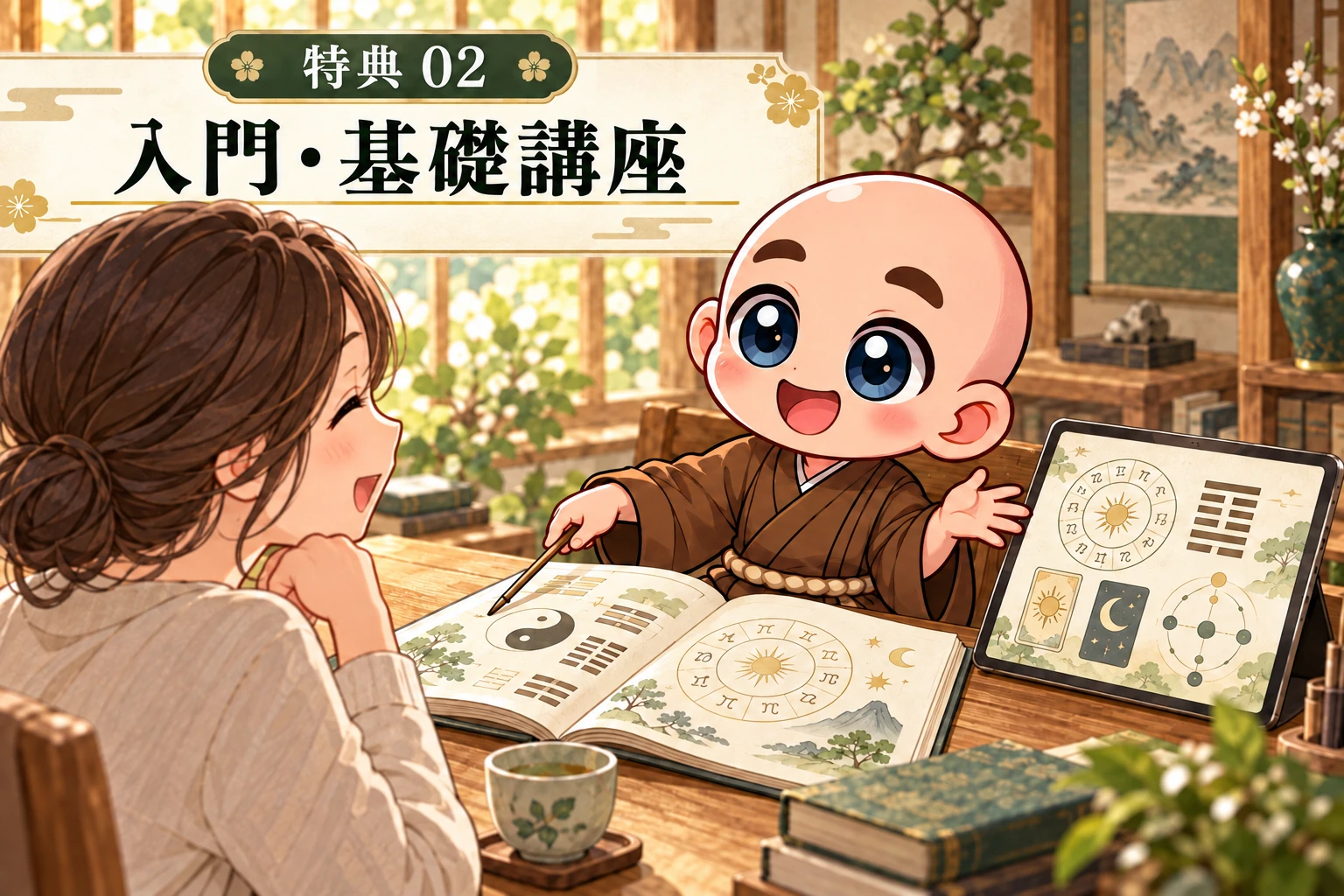 特典2 各占術の入門＆基礎講座。ちび僧侶が鑑定結果の読み方を説明するイメージ