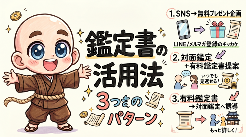 無料プレゼント、対面鑑定、有料鑑定書での鑑定書活用例