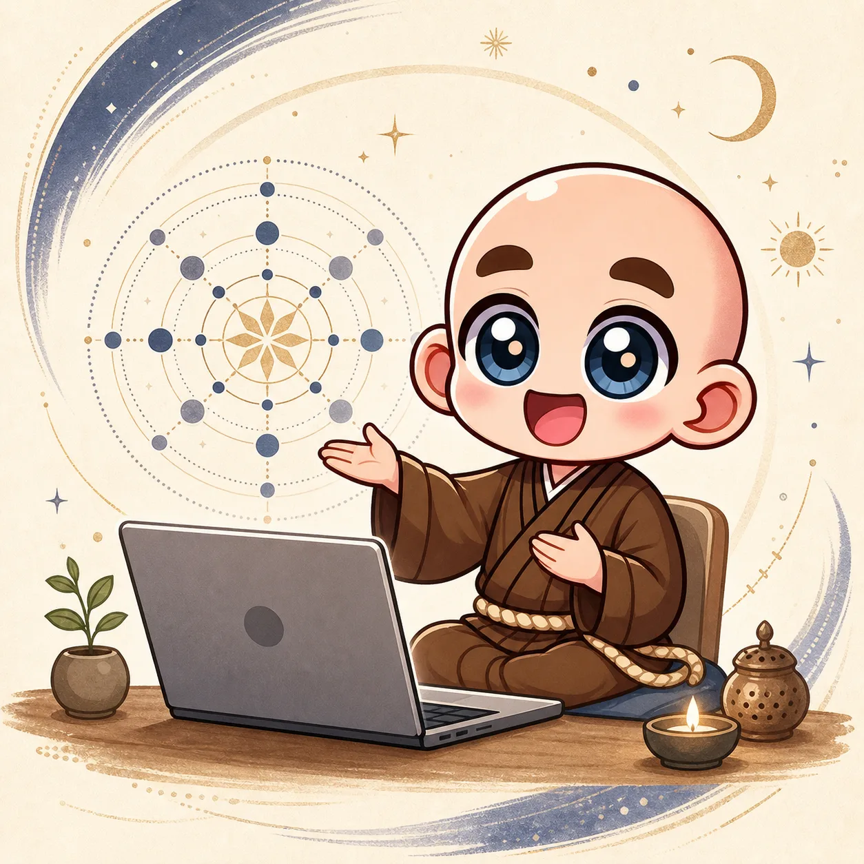 対面またはZoomで数秘術の図を説明する東志醒のキャラクター