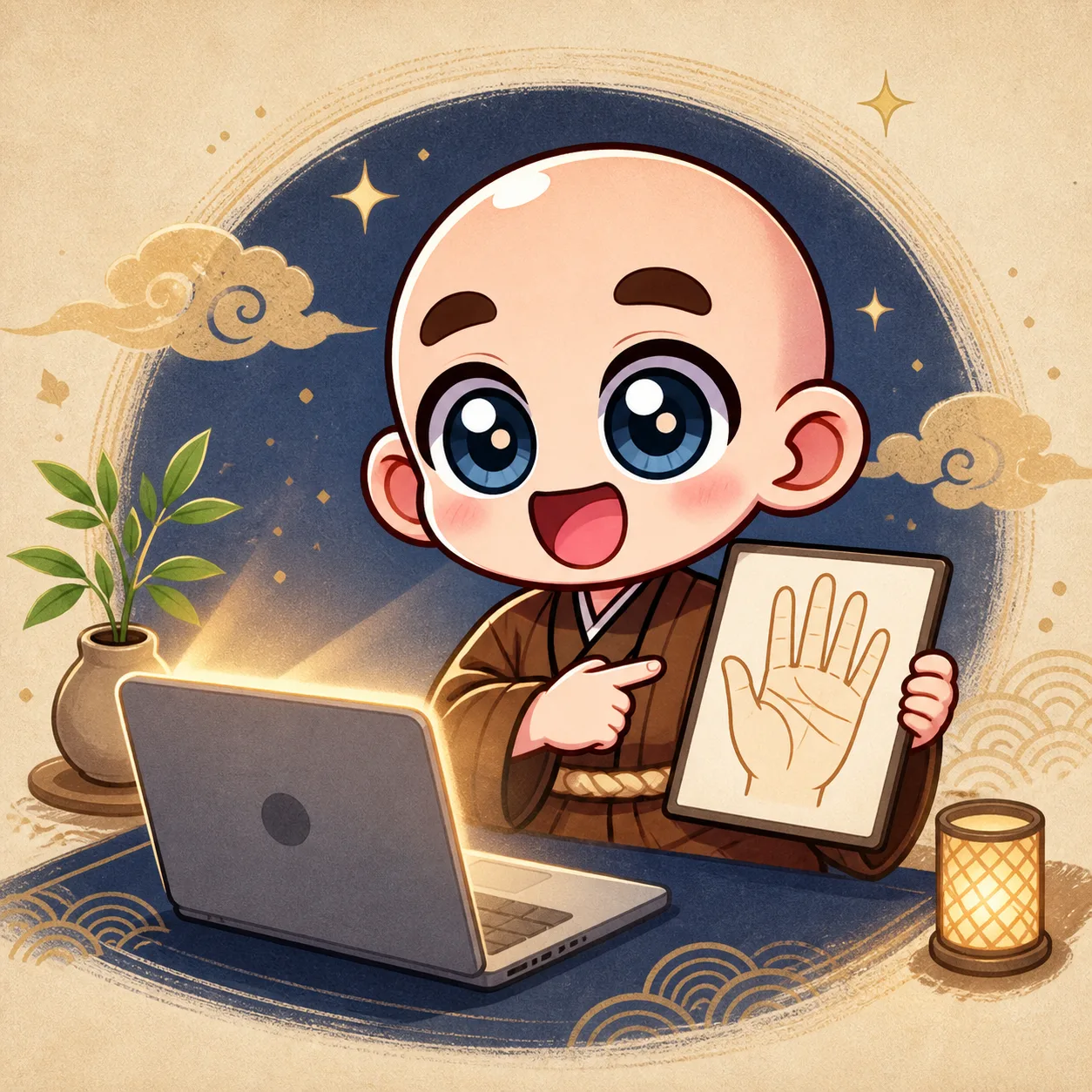 対面またはZoomで手相を説明する東志醒のキャラクター