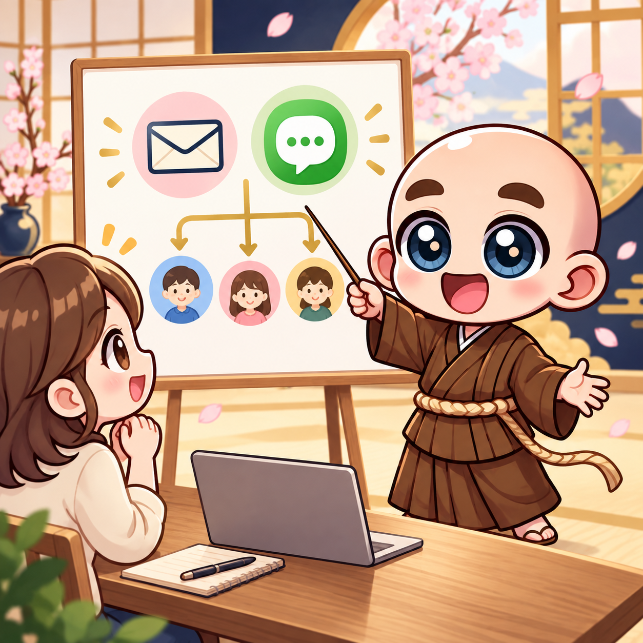 リストマーケティングの導線を説明する東志醒のキャラクター