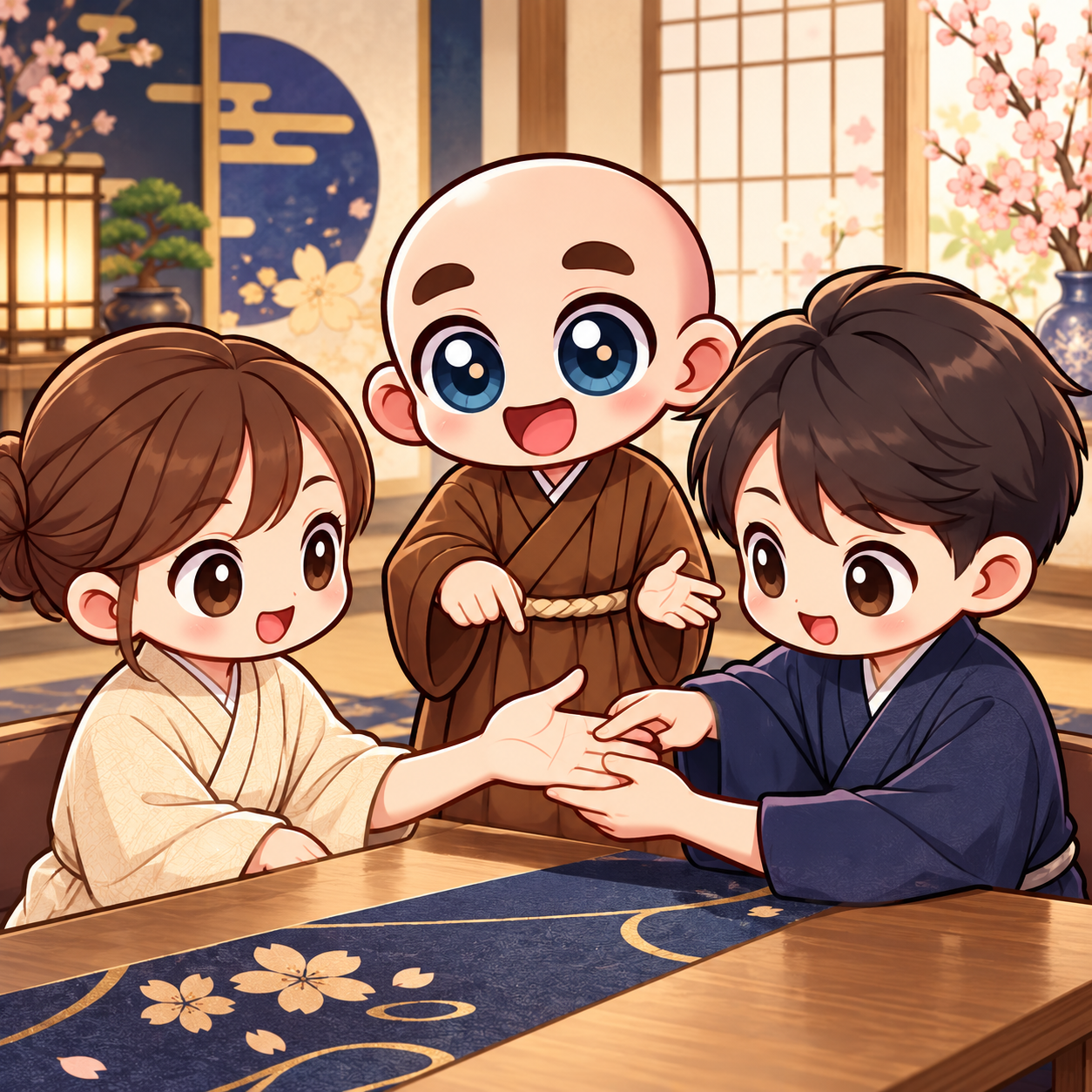 受講生同士の手相鑑定練習を見守る東志醒のキャラクター