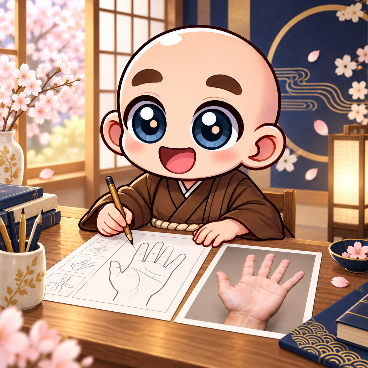手相の課題ワークに取り組む東志醒のキャラクター
