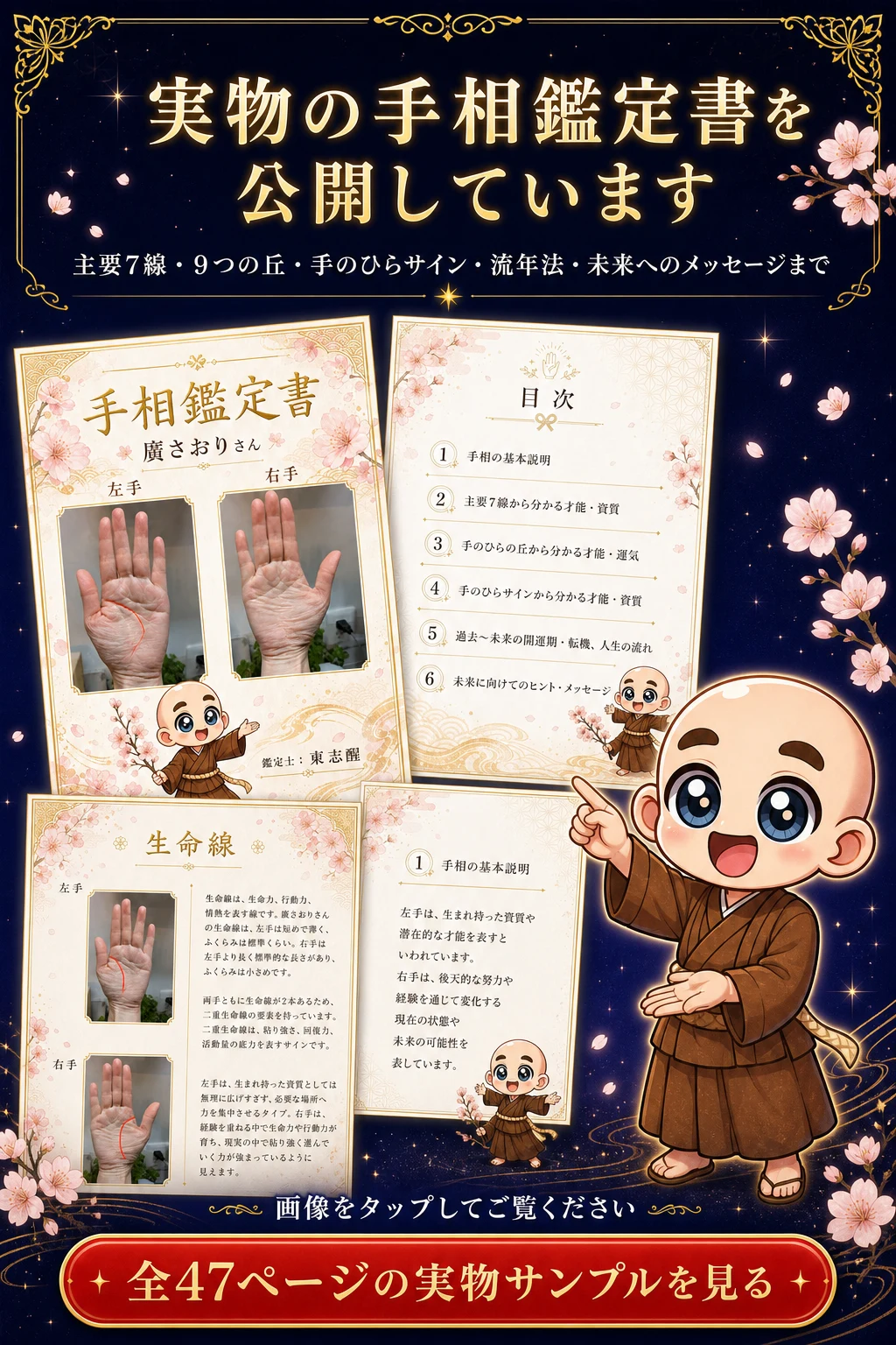 実物の手相鑑定書を公開しています。全47ページの実物サンプルを見る
