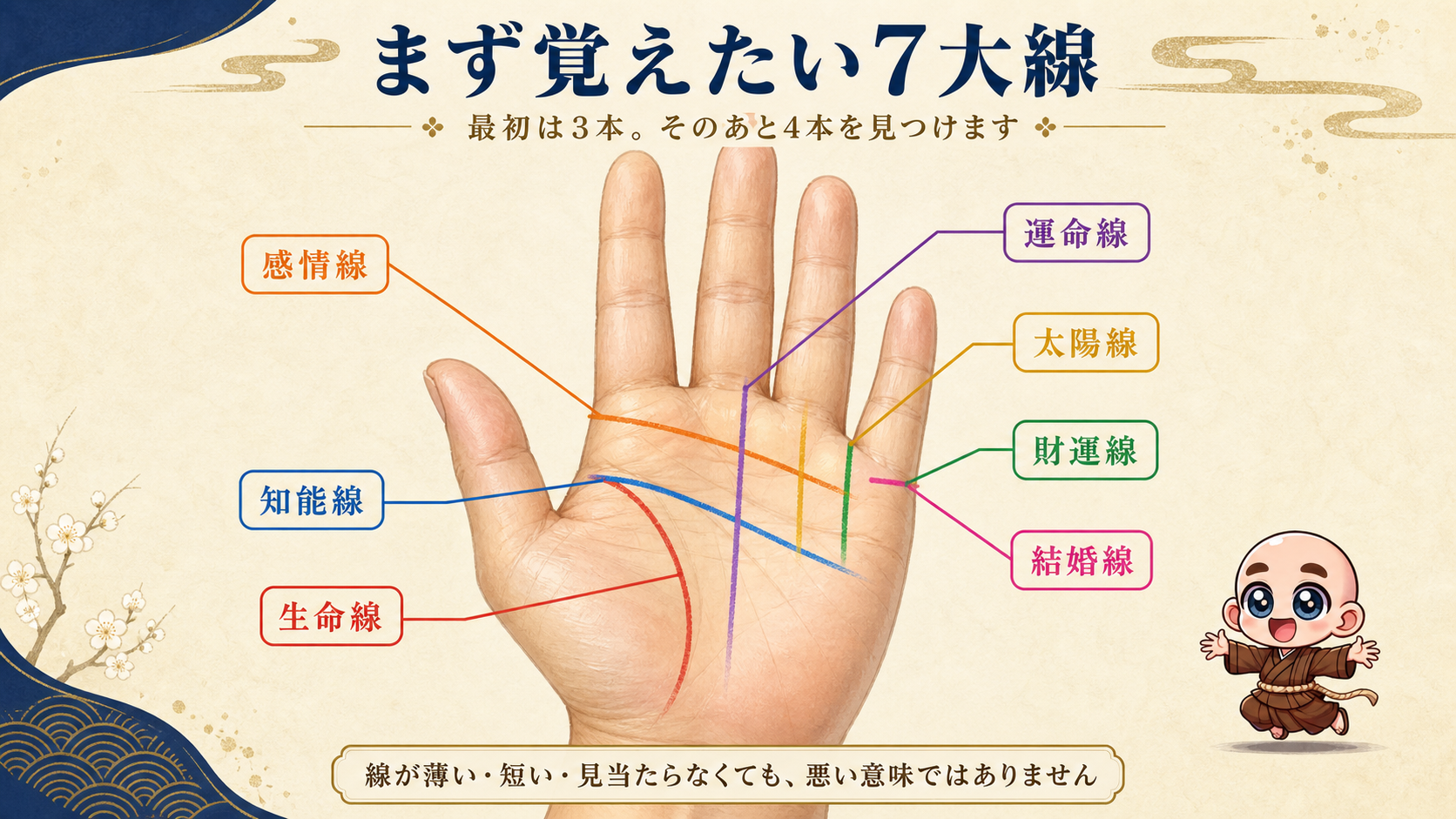 生命線・知能線・感情線・運命線・太陽線・財運線・結婚線の場所