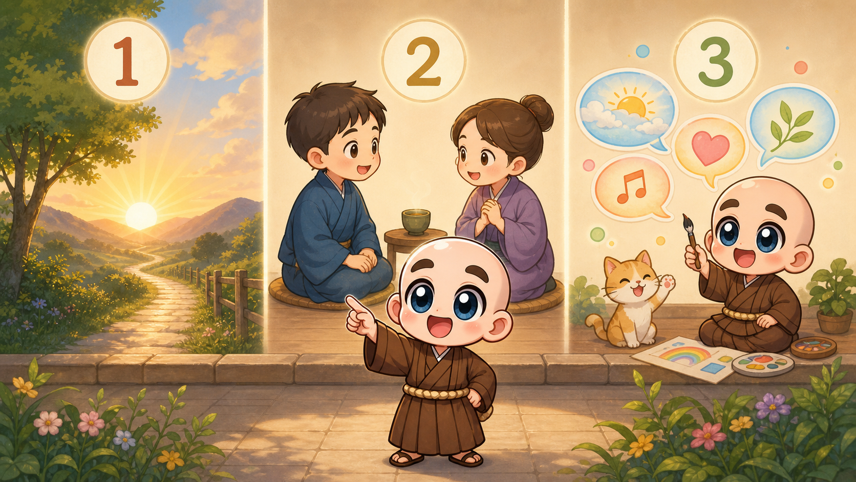 1は始まり、2は人とのつながり、3は表現を表す数秘術のイメージ