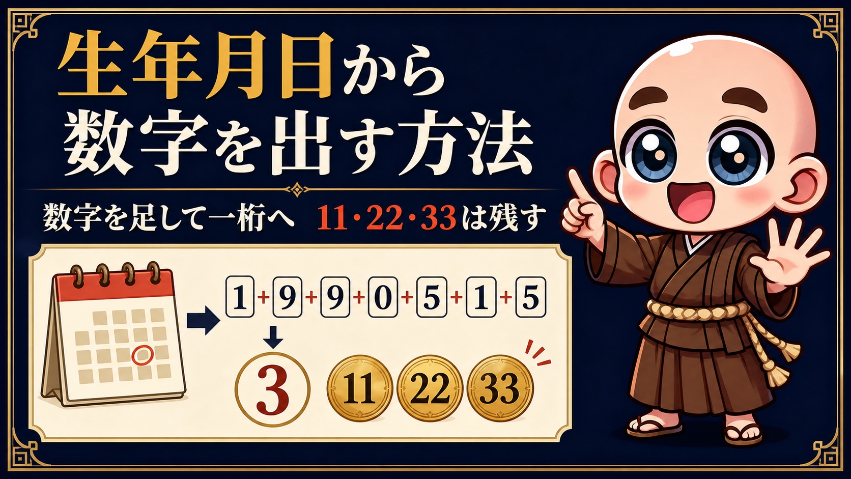生年月日の数字を足して一つの数字へまとめる方法