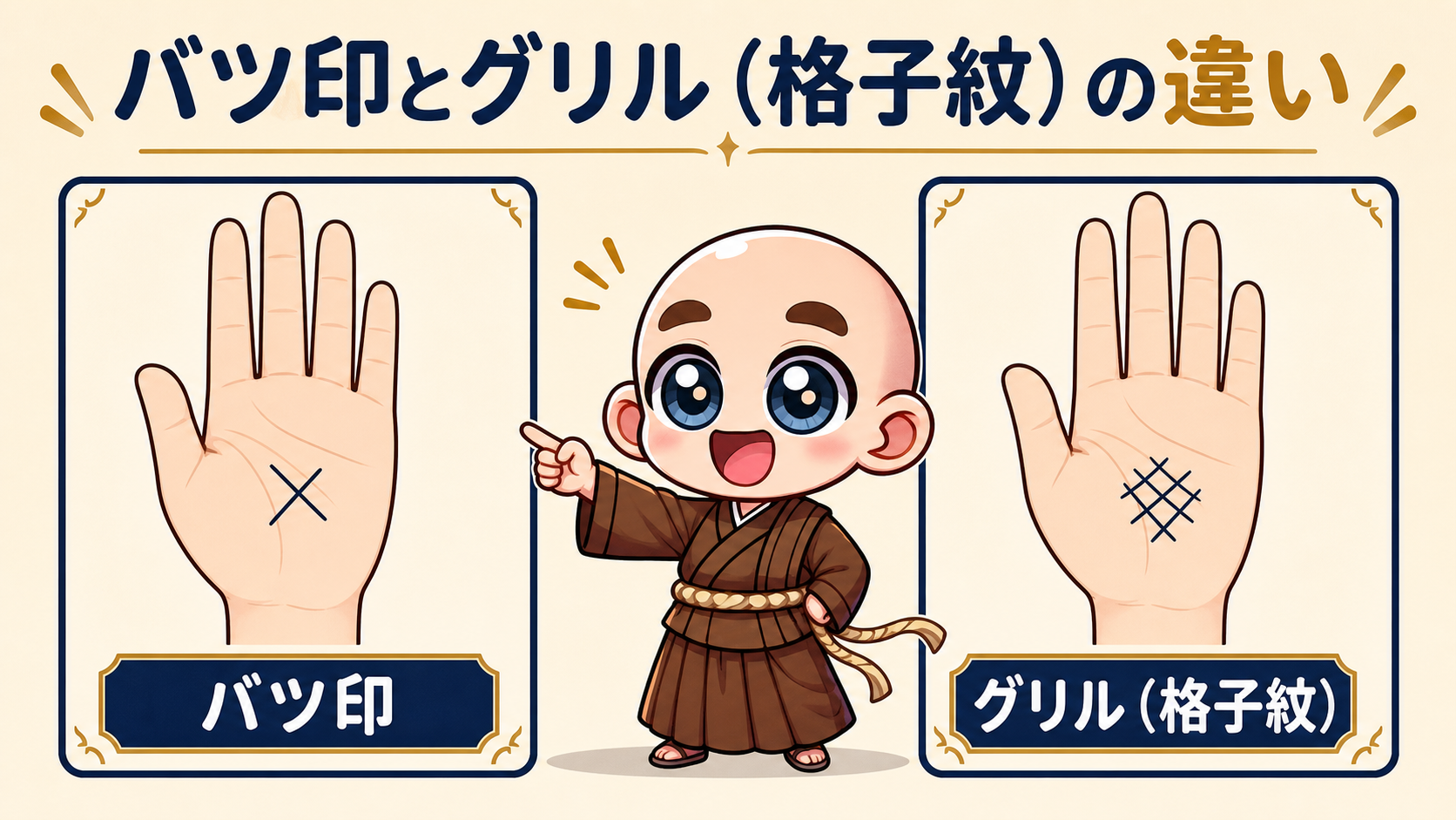 手相のバツ印とグリル格子紋の形の違い