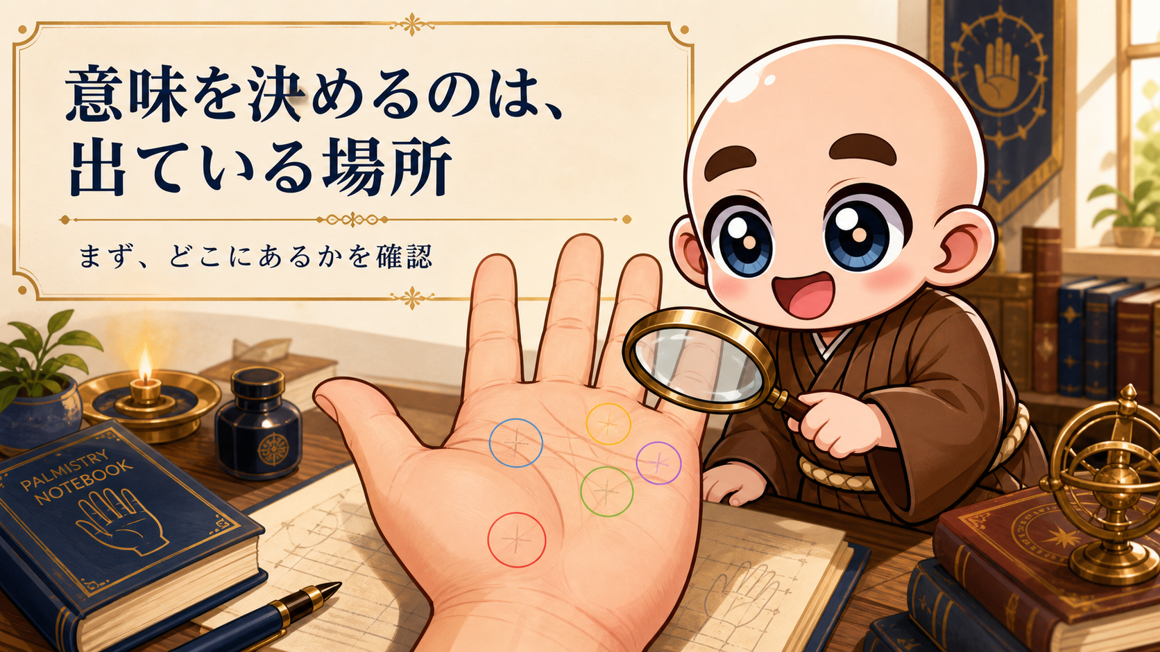 バツ印の意味を読む前に出ている場所を確認する坊主キャラクター