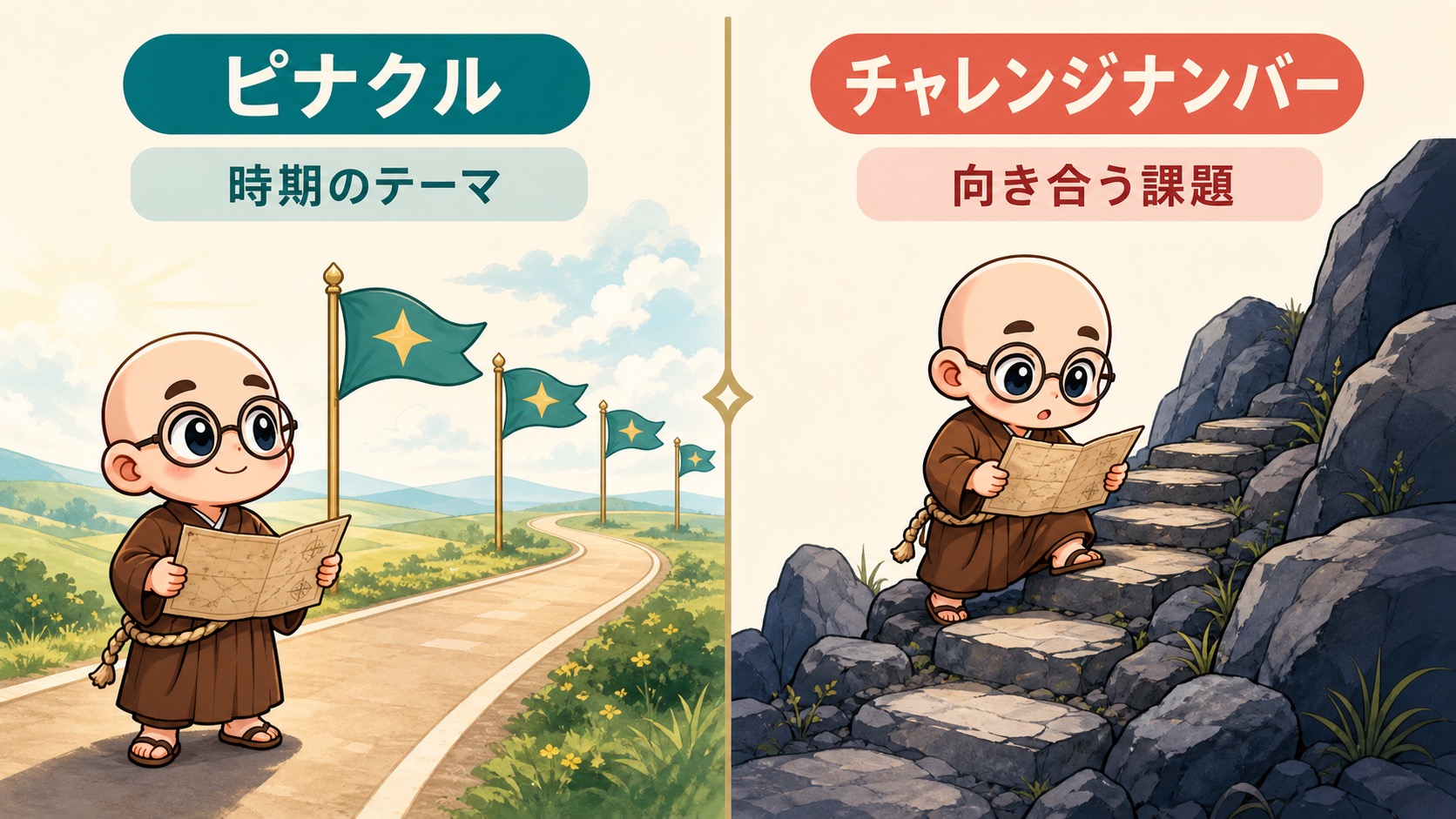 ピナクルは時期のテーマ、チャレンジナンバーは向き合う課題という違いを表す図
