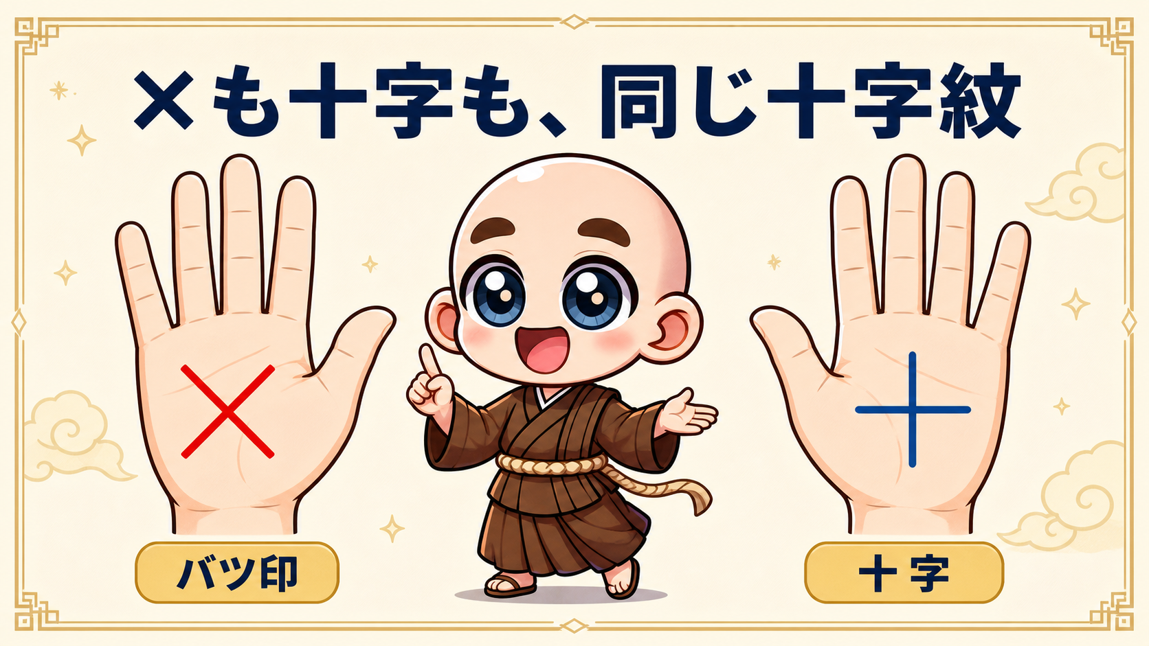 手相のバツ印と十字が同じ十字紋だと分かる説明画像