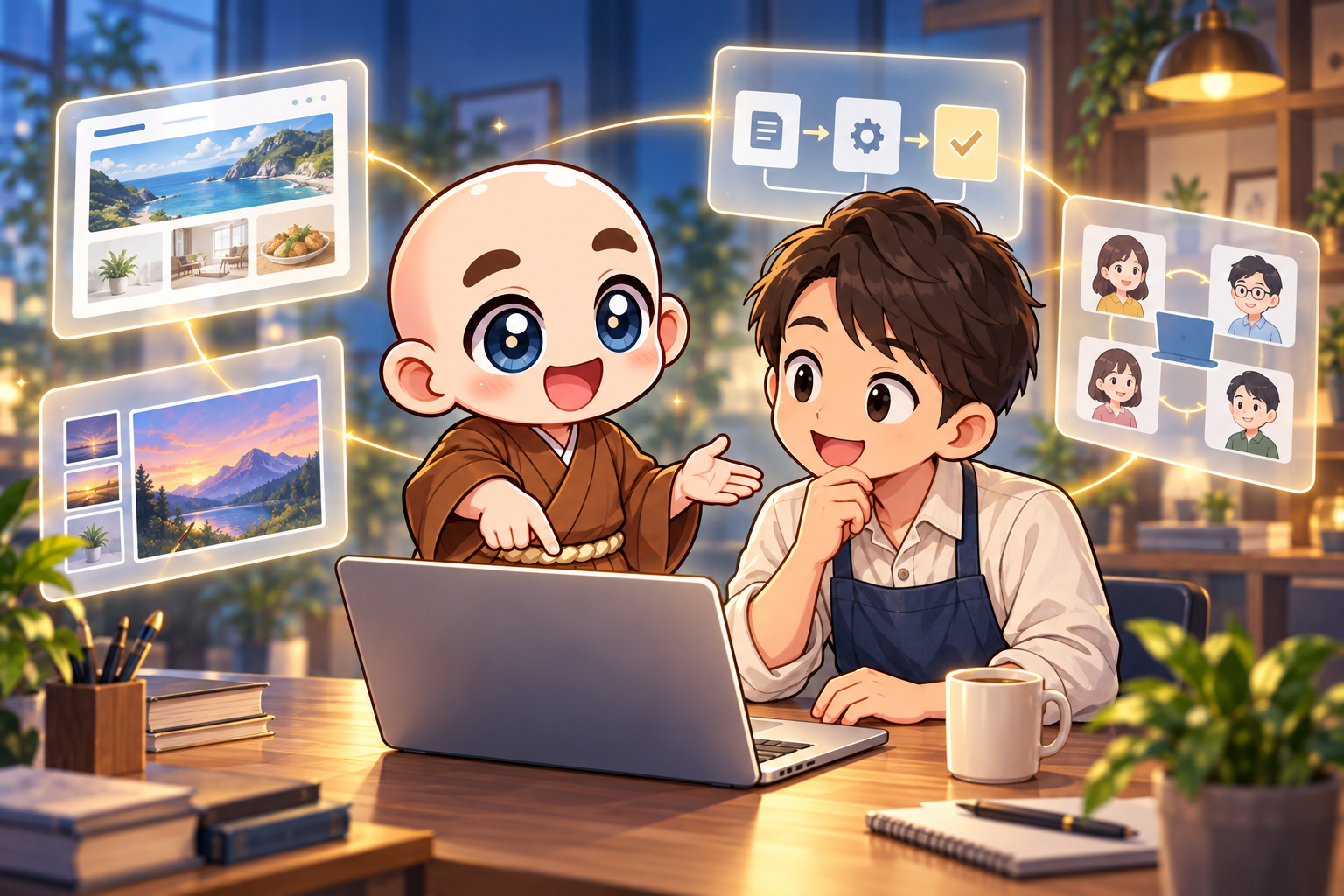 東志醒(あずましせい)のキャラクターが、事業者と一緒にAIを使い、ホームページや画像、仕事の仕組みを作る様子