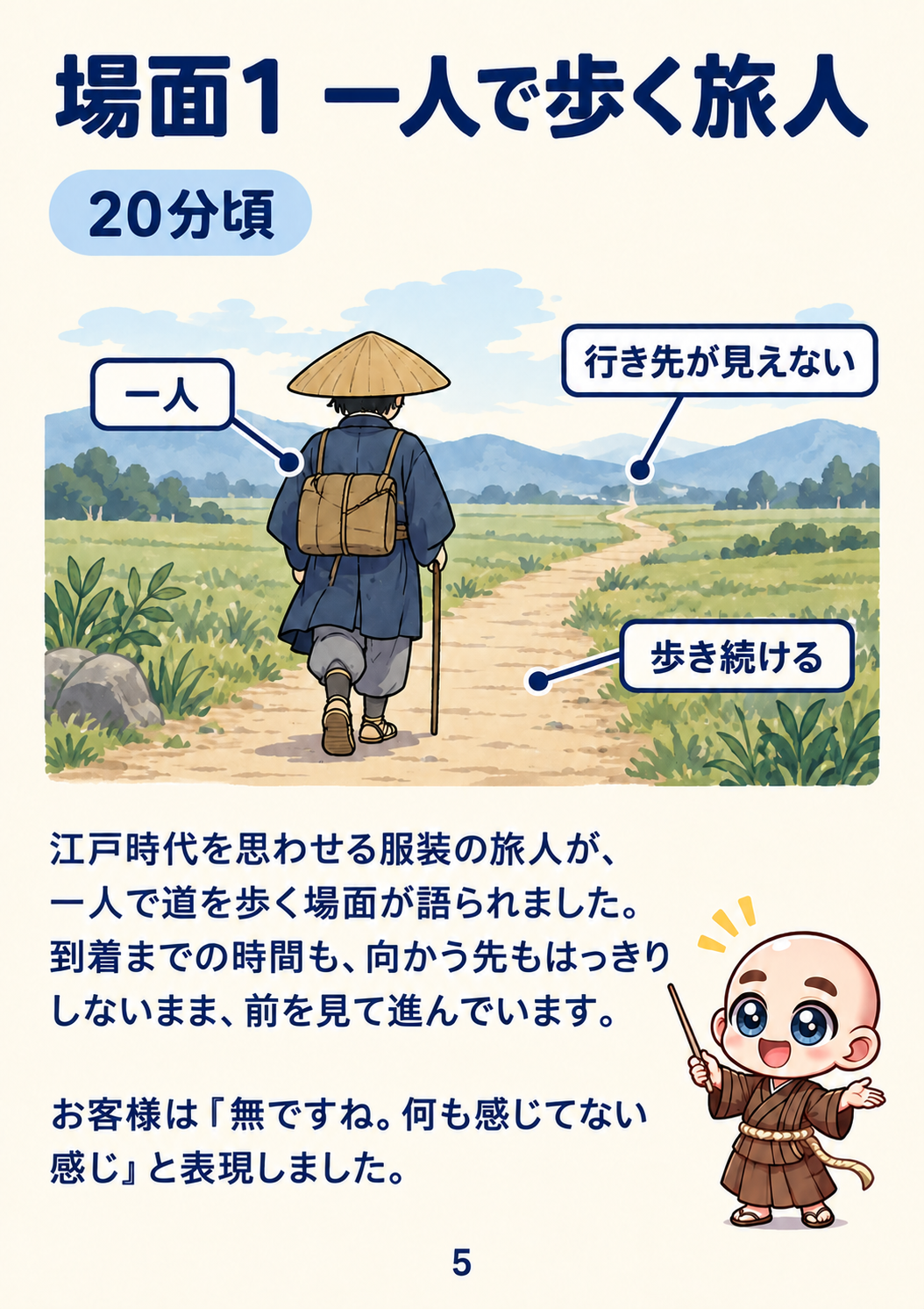 過去生カルマ解放セッション振り返り資料 5ページ目・場面1・一人で歩く旅人