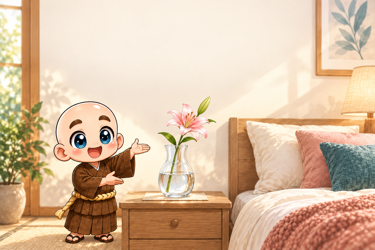 公式キャラクターが、寝室の水を入れた花瓶を紹介しているイラスト