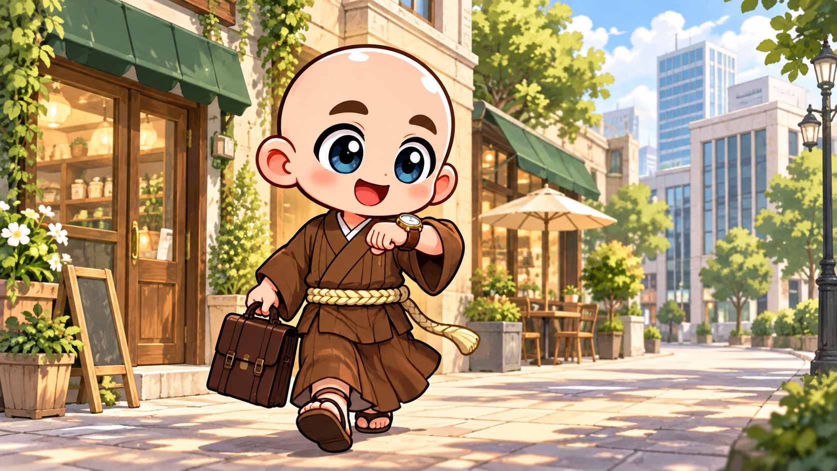 腕時計を確認し、仕事用のバッグを持って街へ出かける公式キャラクター