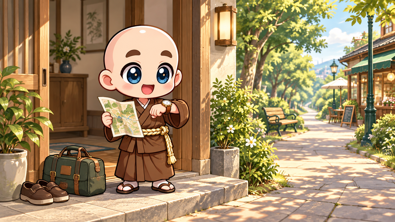 玄関で地図と時計を確認し、散歩道とカフェへ出かける準備をする公式キャラクター