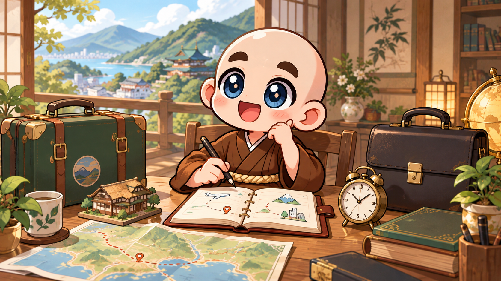地図と手帳を広げ、旅行や仕事の外出予定を考える公式キャラクター