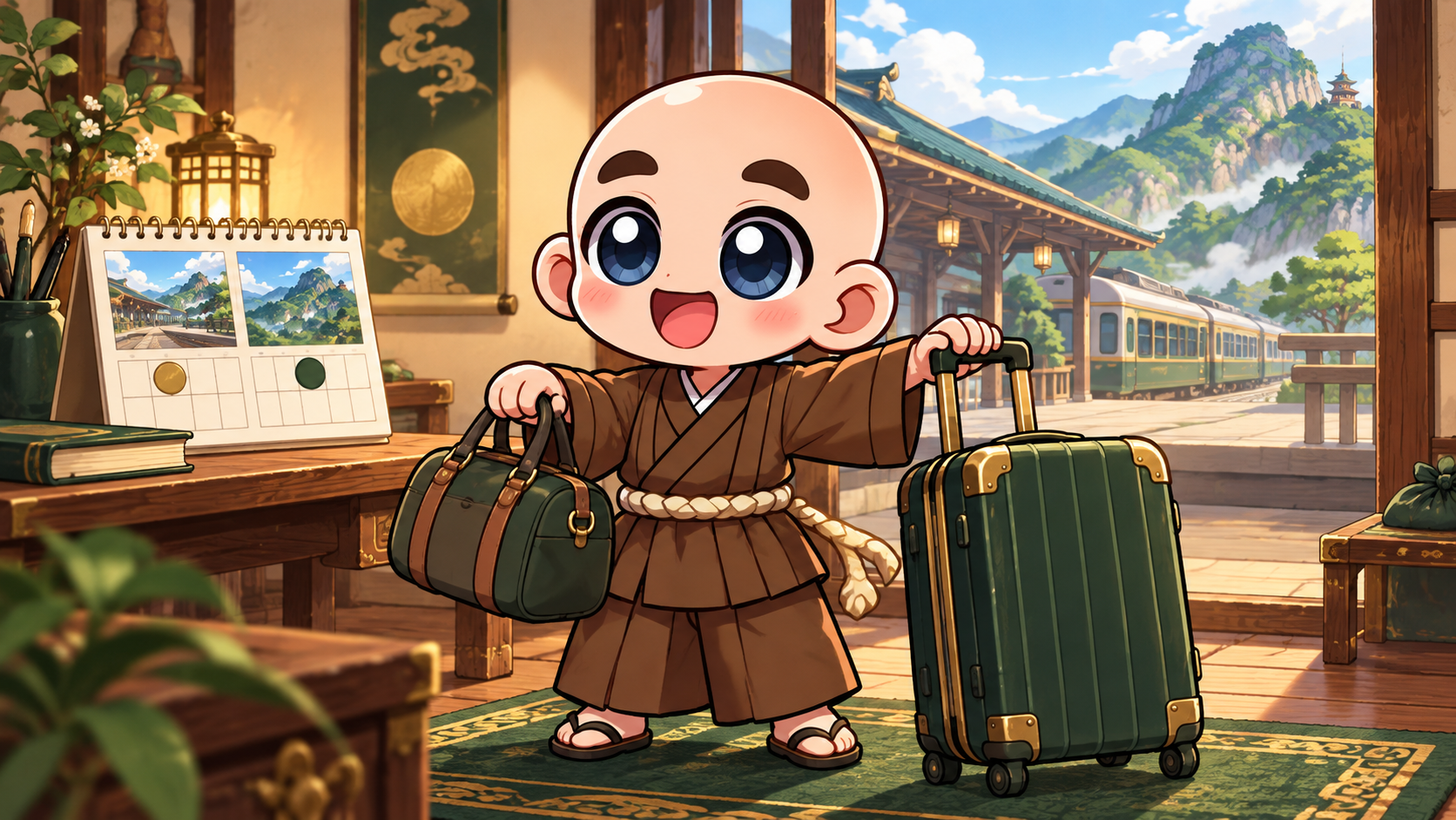 日帰り用のバッグと宿泊用のスーツケースを持つ公式キャラクター