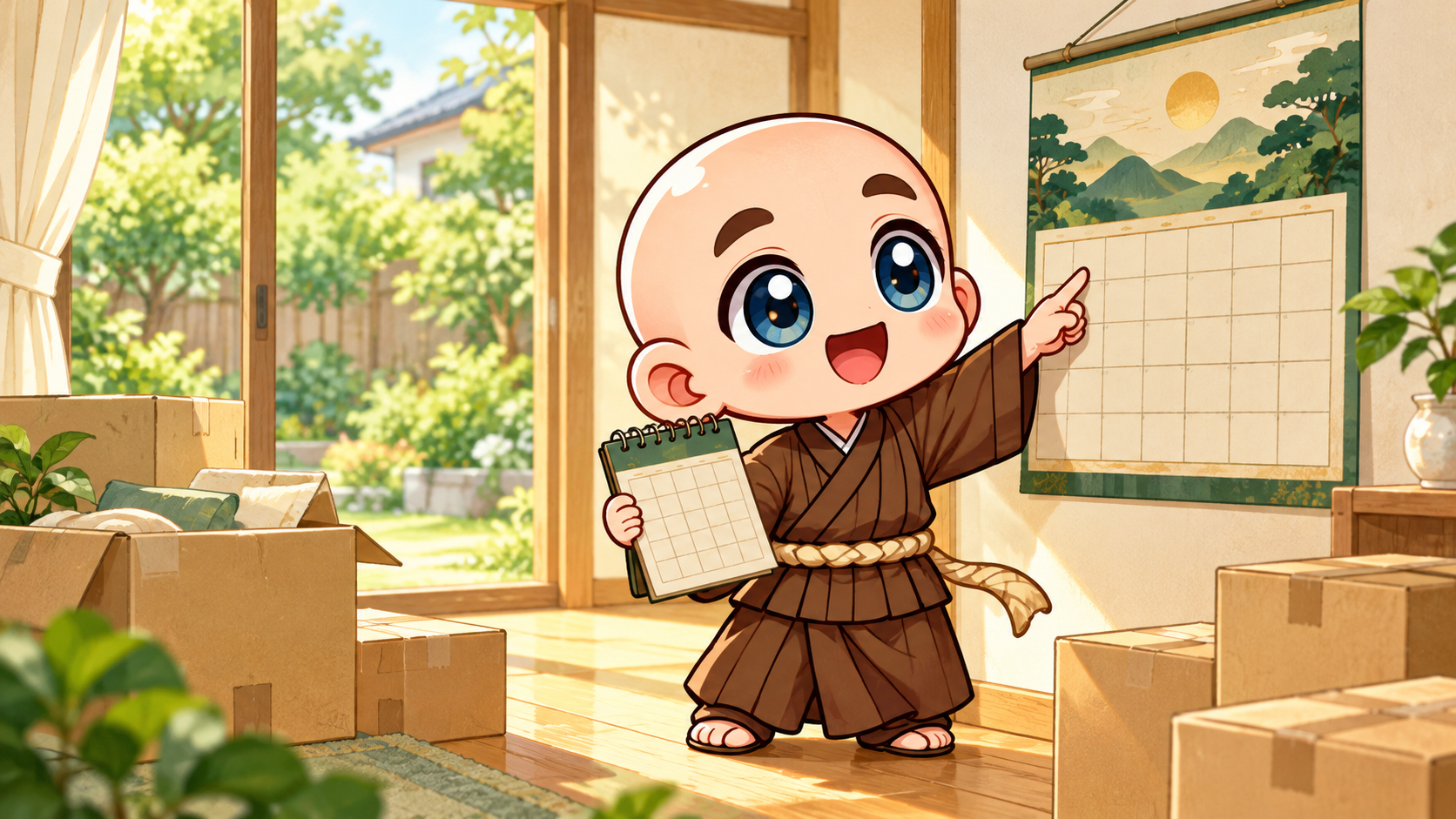 引っ越した部屋でカレンダーを確認する公式キャラクター