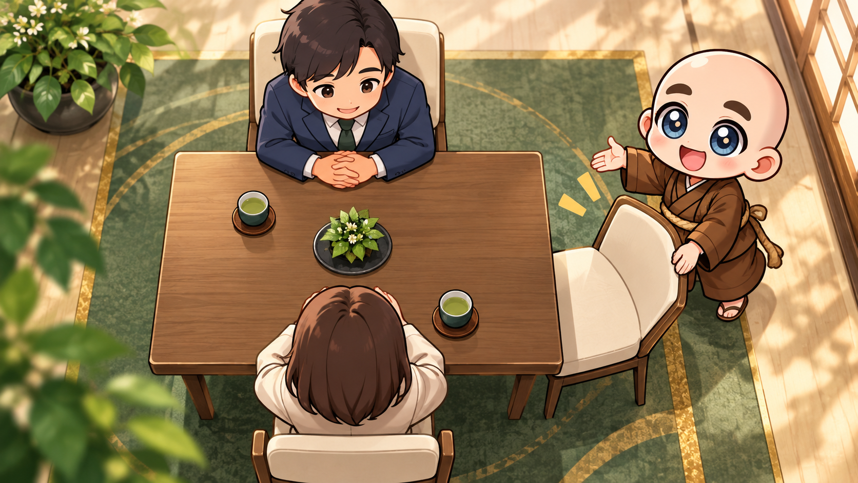 座る位置と顔の向きを公式キャラクターと生活場面で説明するイラスト