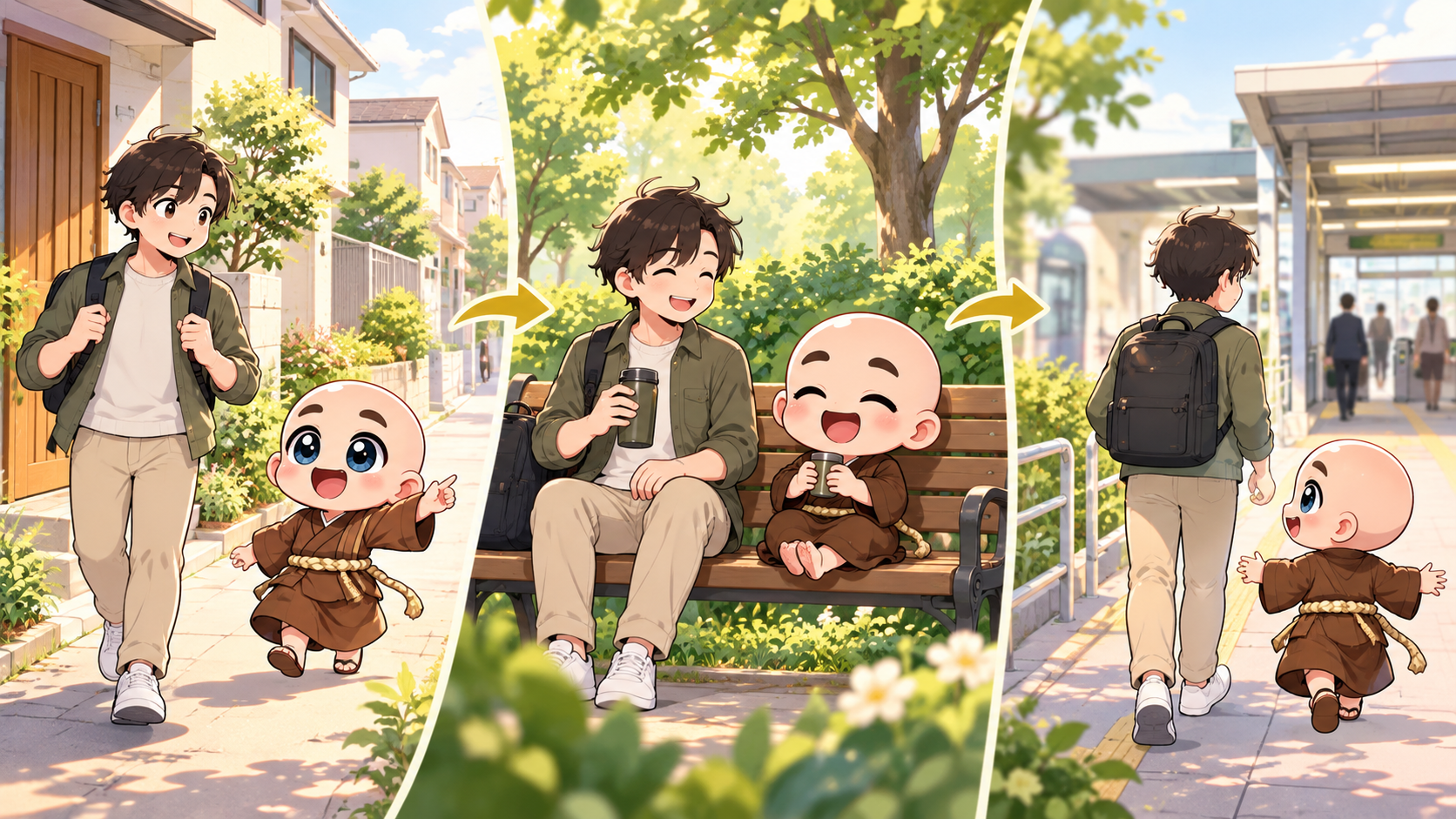 朝の散歩と短い滞在を公式キャラクターと生活場面で説明するイラスト